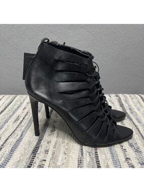 Zara Black Leather Lace-Up Stiletto Booties With Cut-Out Details Size 9 New